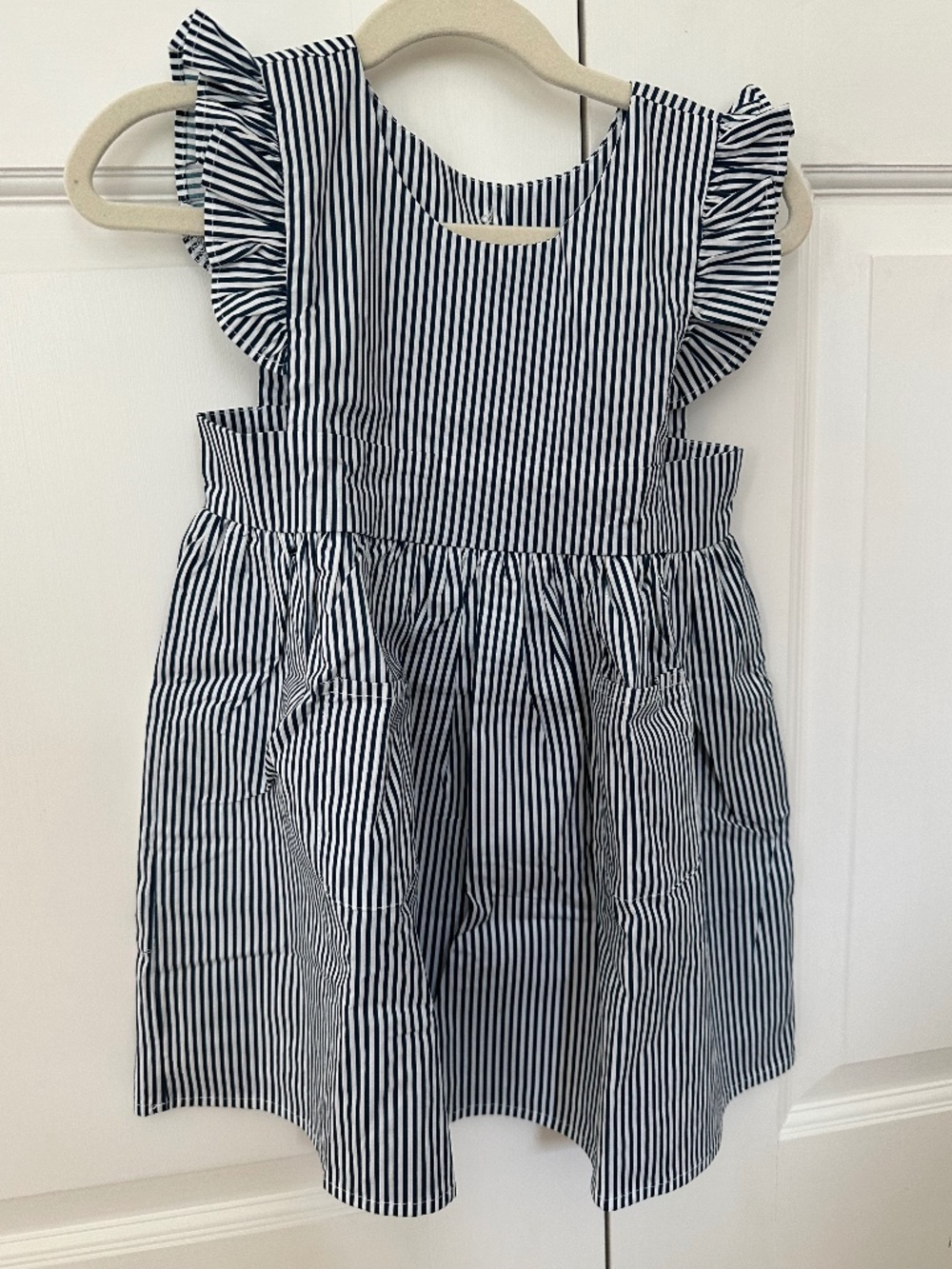 Minnow Navy Stripe Ruffle Dress 3/4